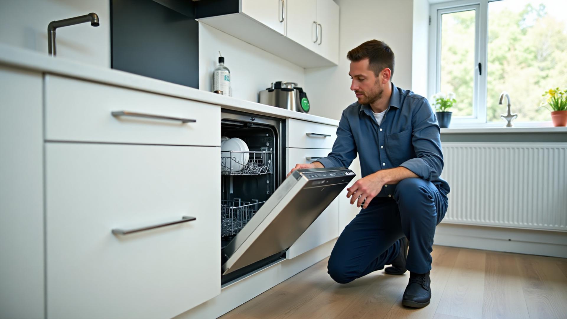 Professionell VVS-tekniker installerar diskmaskin i modernt kök